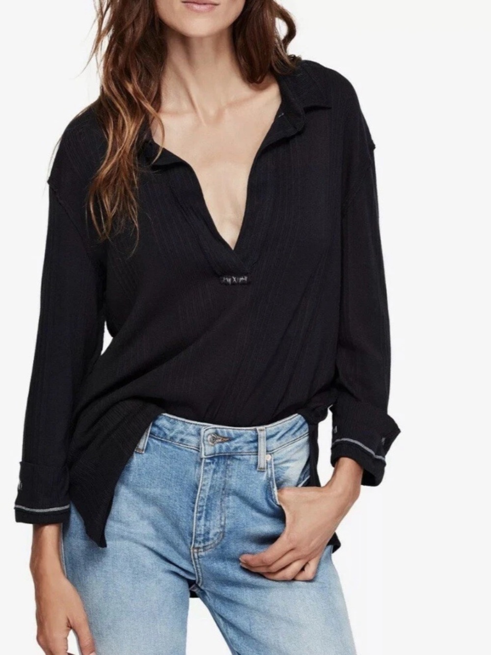 Free people Annie Collared Ribbed Black Top Women’s XS Fall boho